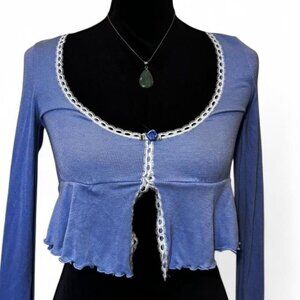 Blue lace trim long sleeve top with button up front and ruffle hem